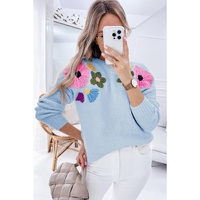 Light Blue Knitted Flower Pattern Ribbed Edge Sweater - L thumbnail