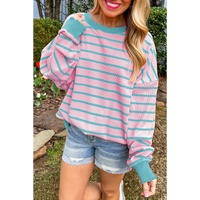 Pink Stripe Trimmed Round Neck Drop Shoulder Loose Sweater - XL thumbnail