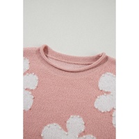Light Pink Pearled Flower Distressed Edge Sweater T Shirt - L thumbnail