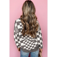 Gray Checkered Print Drop Shoulder Round Neck Sweater - L thumbnail