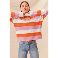 Orange Stripe Colorblock V Neck Casual Sweater - L thumbnail