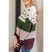 Green Color Block Striped Buttoned Shoulder Split Sweater - M thumbnail