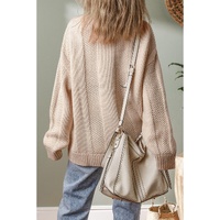 Pale Khaki Solid Color Cable Knit Ribbed Loose Sweater - L thumbnail