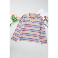 Apricot Stripe Collared V Neck Drop Shoulder Loose Sweater - L thumbnail