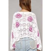 White Contrast Flower Print Eyelet Drop Shoulder Sweater - S thumbnail