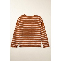Brown Stripe Drop Shoulder Casual Sweater - L thumbnail