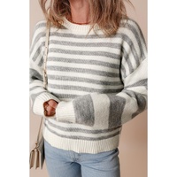 Gray Stripe Drop Shoulder Crew Neck Sweater - L thumbnail