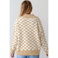 Apricot Checkered Buttons Collar V Neck Drop Shoulder Sweater - L thumbnail