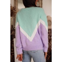 Green Chevron Colorblock Ribbed Knit Drop Shoulder Sweater - S thumbnail