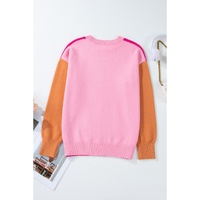 Bonbon Three Tone Contrast Round Neck Loose Sweater - L thumbnail