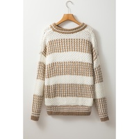 Brown Stripe Drop Shoulder Round Neck Loose Sweater - L thumbnail