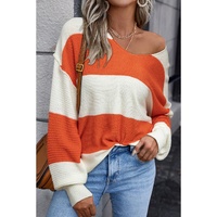 Orange Stripe Loose Color Block Drop Shoulder Bubble Sleeve Sweater - L thumbnail