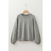 Light Grey Pearled Drop Shoulder Round Neck Sweater - L thumbnail