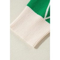 Dark Green Diamond Pattern Pom Accents Contrast Trim High Neck Sweater - L thumbnail