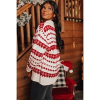 White Western Geometric Patterned Crew Neck Loose Sweater - L thumbnail
