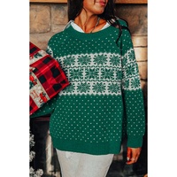 Green Christmas Snowflake Dotted Print Round Neck Sweater - L thumbnail