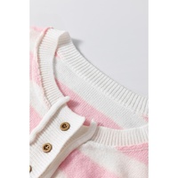 Pink Stripe Half Buttons Drop Shoulder Sweater - L thumbnail