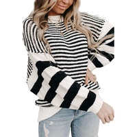 Black white Striped Drop Shoulder Bishop Sleeve Knit Sweater - XL thumbnail