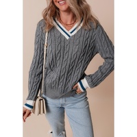 Medium Grey Color Contrast Ribbed Edge Cable Knit V Neck Sweater - 2XL thumbnail