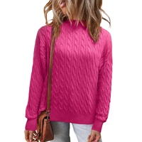 Rose Red Solid Cable Knit High Neck Drop Shoulder Sweater - L thumbnail