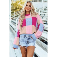 Rose Red Color Block Drop Shoulder Crewneck Loose Fit Sweater - L thumbnail