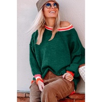 Blackish Green Colorblock Striped Trim Drop Shoulder Sweater - L thumbnail