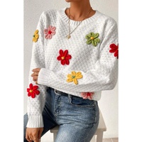 White Colorful Flower Applique Textured Knit Sweater - M thumbnail