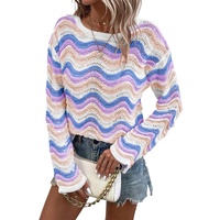 Purple Stripe Wavy Pointelle Knit Drop Shoulder Sweater - L thumbnail