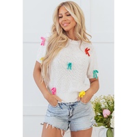 White Colorful Bow Knit Mock Neck Short Sleeve Sweater - M thumbnail