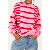 Pink Stripe Bubble Sleeve Drop Shoulder Ribbed Trim Sweater - L thumbnail