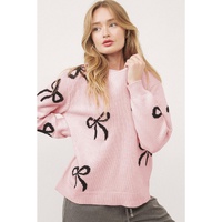 Light Pink Bow Pattern Knitted Loose Fit Sweater - L thumbnail