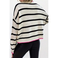 White Stripe Color Contrast Drop Shoulder Crew Neck Sweater - S thumbnail