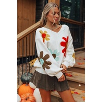 White Big Flower Pattern V Neck Drop Shoulder Sweater - S thumbnail