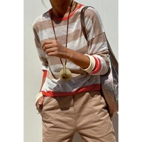 Apricot Colorblock Striped Round Neck Drop Shoulder Sweater - L thumbnail