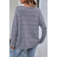 Light Grey Boat Neck Drop Shoulder Pointelle Knit Sweater - L thumbnail