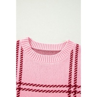 Pink Plaid Pattern Knitted Drop Shoulder Sweater - XL thumbnail