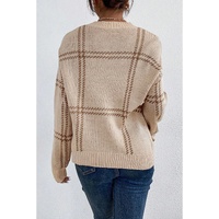 Khaki Plaid Pattern Knitted Drop Shoulder Sweater - L thumbnail