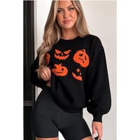 Black Halloween Pumpkin Face Pattern Drop Shoulder Sweater - S thumbnail