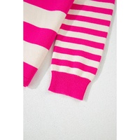 Rose Stripe Color Block Collared V Neck Drop Shoulder Sweater - L thumbnail