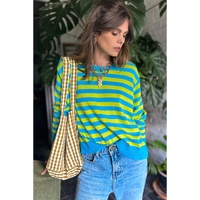 Green Stripe Crew Neck Drop Shoulder Casual Sweater - L thumbnail