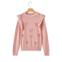 Light Pink Ruffled Bowknot Ribbed Trim Long Sleeve Sweater - L thumbnail