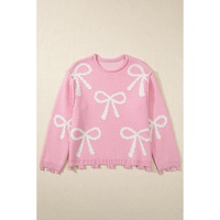 Pink Pearl Beaded Bowknot Pattern Distressed Split Hem Sweater - L thumbnail