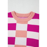 Pink Checkered Ribbed Edge O Neck Drop Shoulder Sweater - XL thumbnail