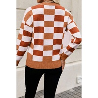Orange Checkered Ribbed Edge O Neck Drop Shoulder Sweater - L thumbnail
