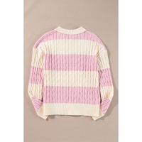 Pink Stripe Cable Knit Collared Henley Sweater - L thumbnail