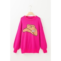 Rose Red YEEHAW Cowboy Hat Drop Shoulder Oversized Sweater - S thumbnail
