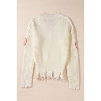 Beige Cable Knit Pumpkin Raw Hem V Neck Loose Sweater - L thumbnail