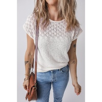White Eyelet Knit Tied Back Short Sleeve Sweater - L thumbnail