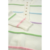 White Rainbow Stripes Drop Shoulder Baggy Henley Sweater - S thumbnail