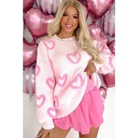 Pink Heart Shape Bubble Sleeve Baggy Sweater - L thumbnail